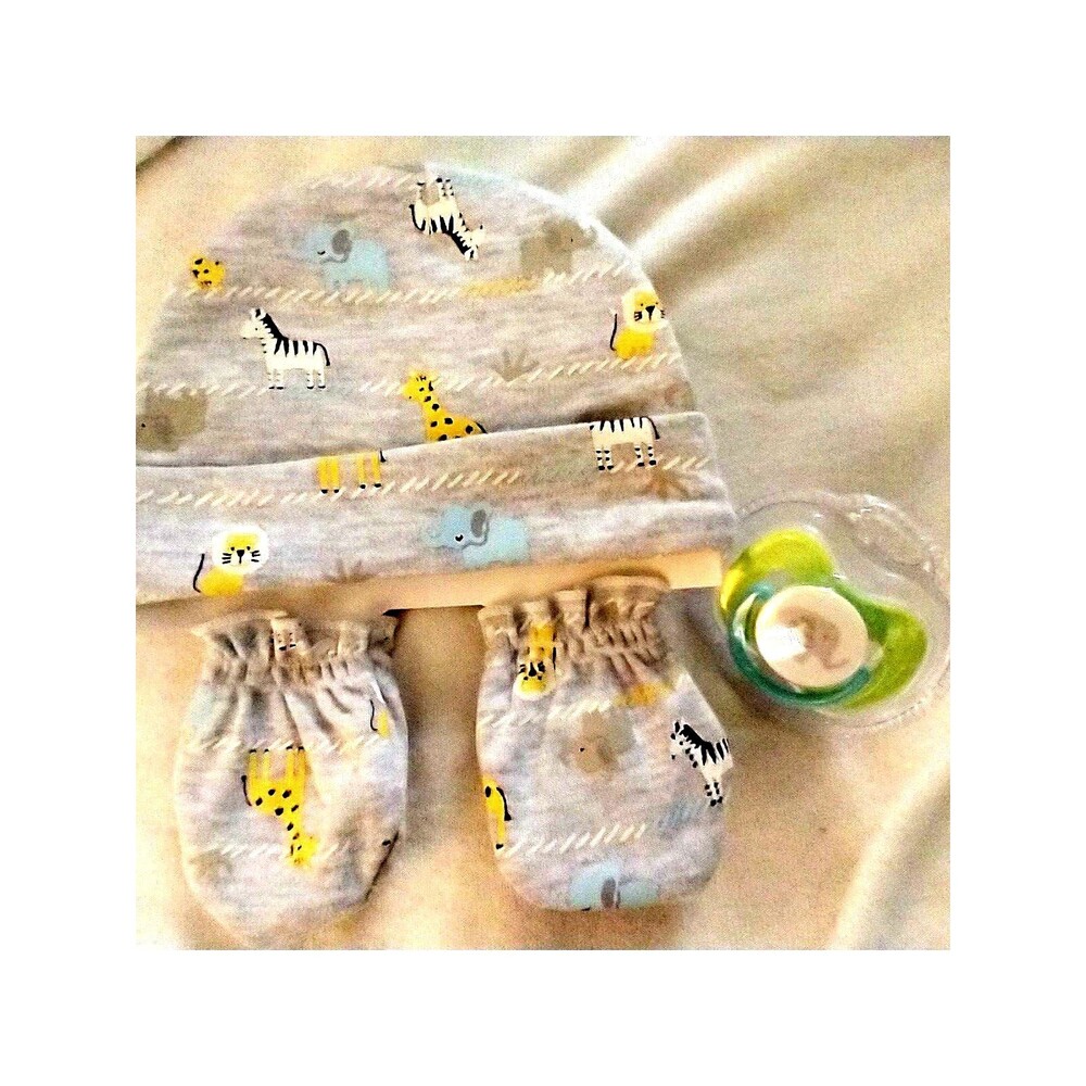 Little beginnings new baby hat mittens paci pacifier set size 3-6 mo elephant